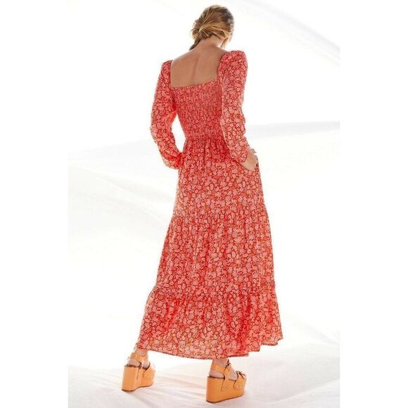 NEW ANTHROPOLOGIE X DOLAN Sz M PRINTED SMOCKED MIDI DRESS RED MOTIF - Picture 3 of 3